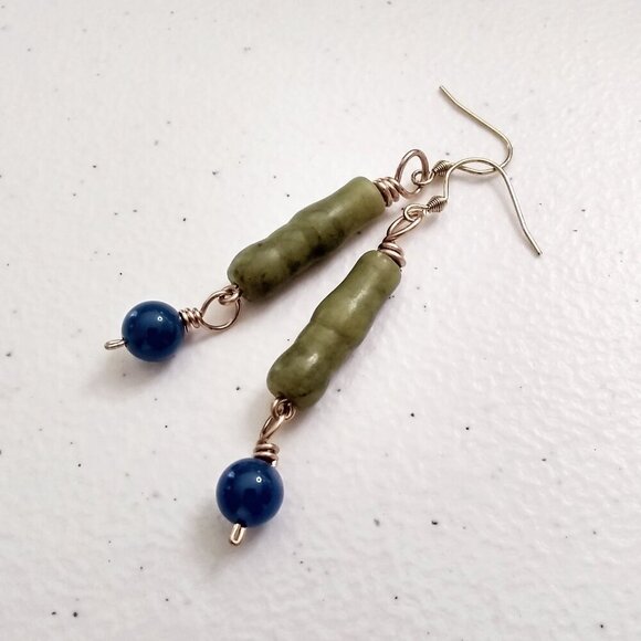 Unique Fall Magic! Sleek Sage Green Jasper + Blue Agate Dangle Earrings - Picture 2 of 5